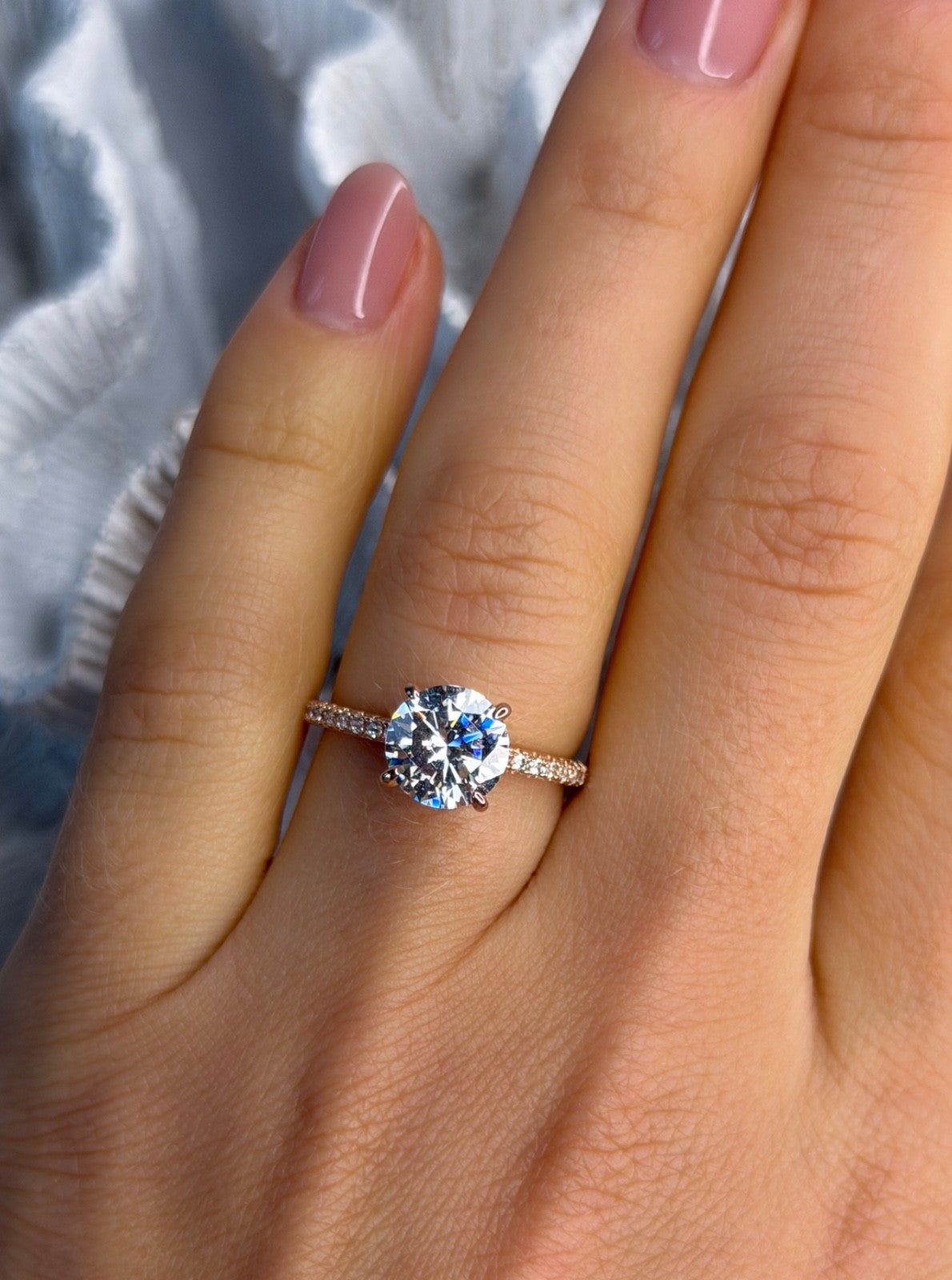 AZL 925 Sterling Silver Rose Gold Plated Lab-Created Diamond Ring Size 7