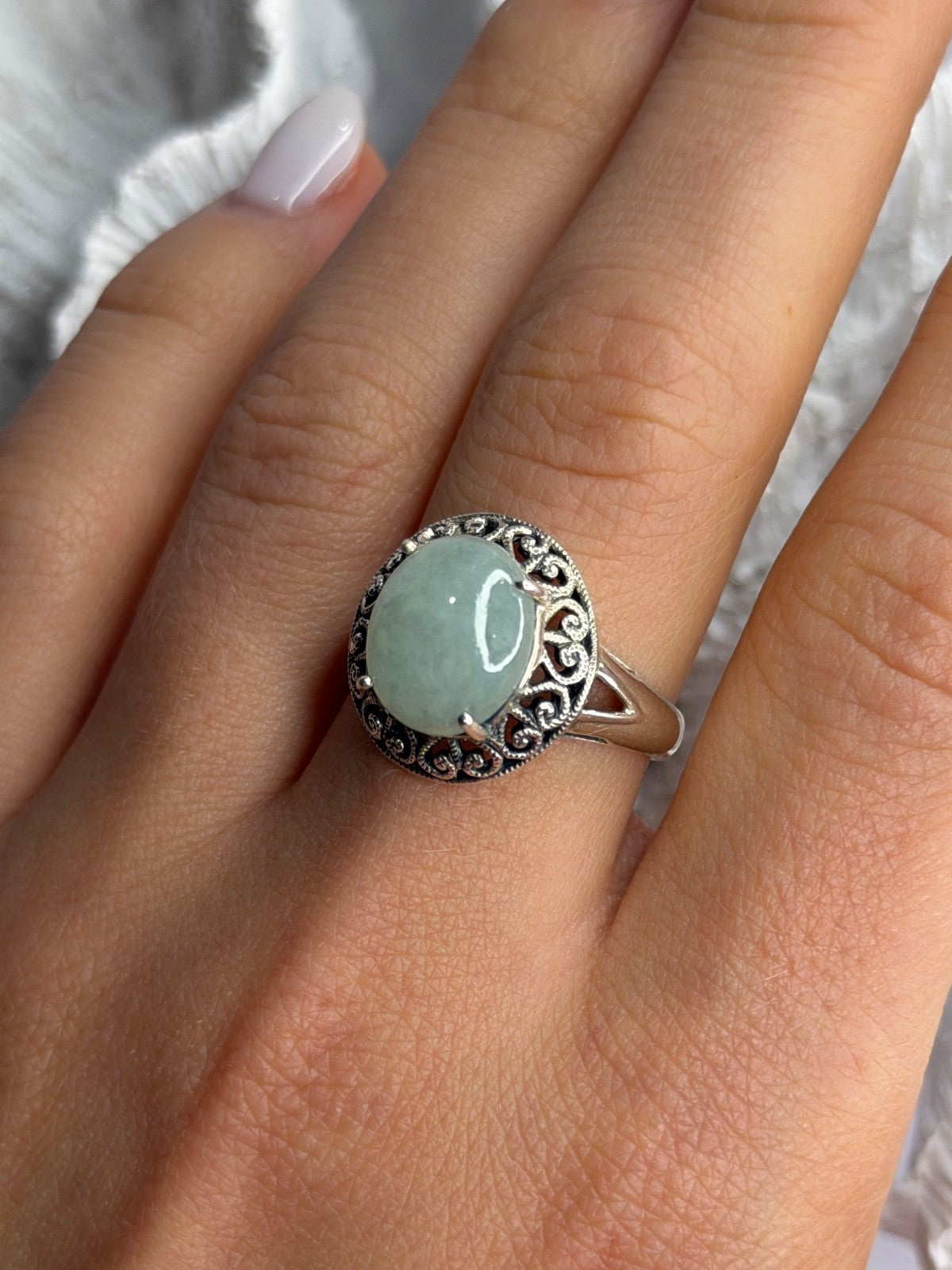 925 Sterling Silver Jadeite Ring Size 9