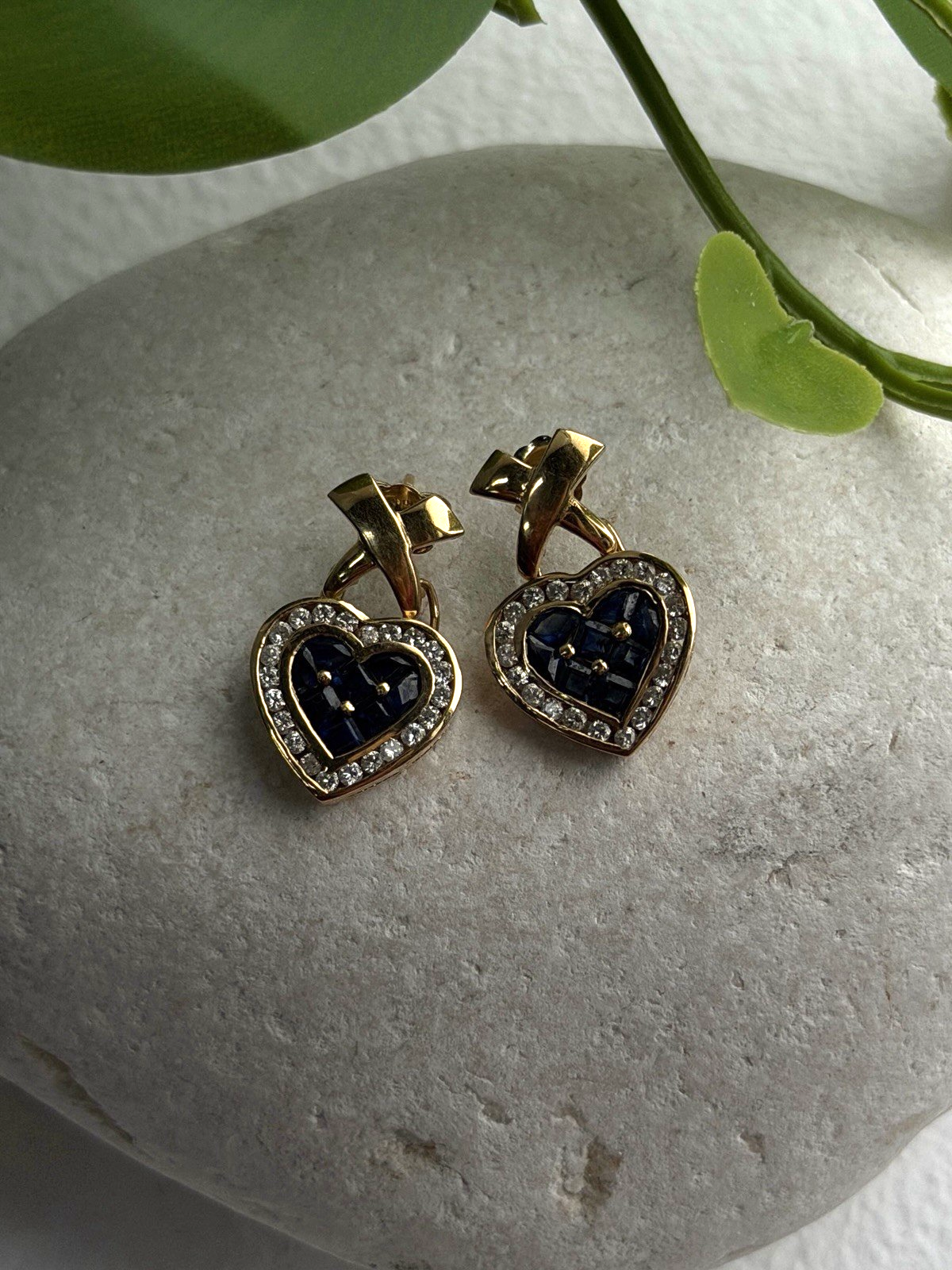 Romantic 14K Yellow Gold Heart Sapphire & Diamond Earrings