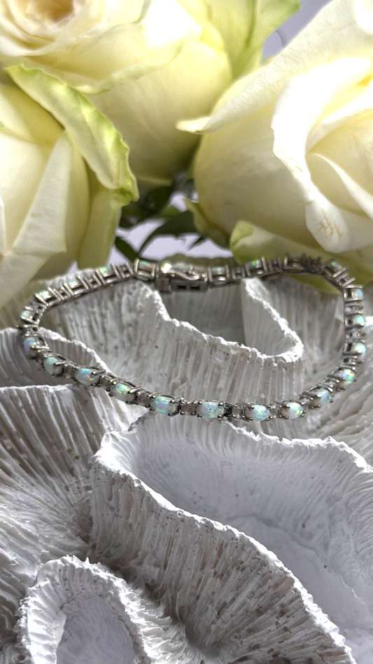 Tennis 925 Sterling Silver Fire Opal & Beryl Link Bracelet Size 7.5