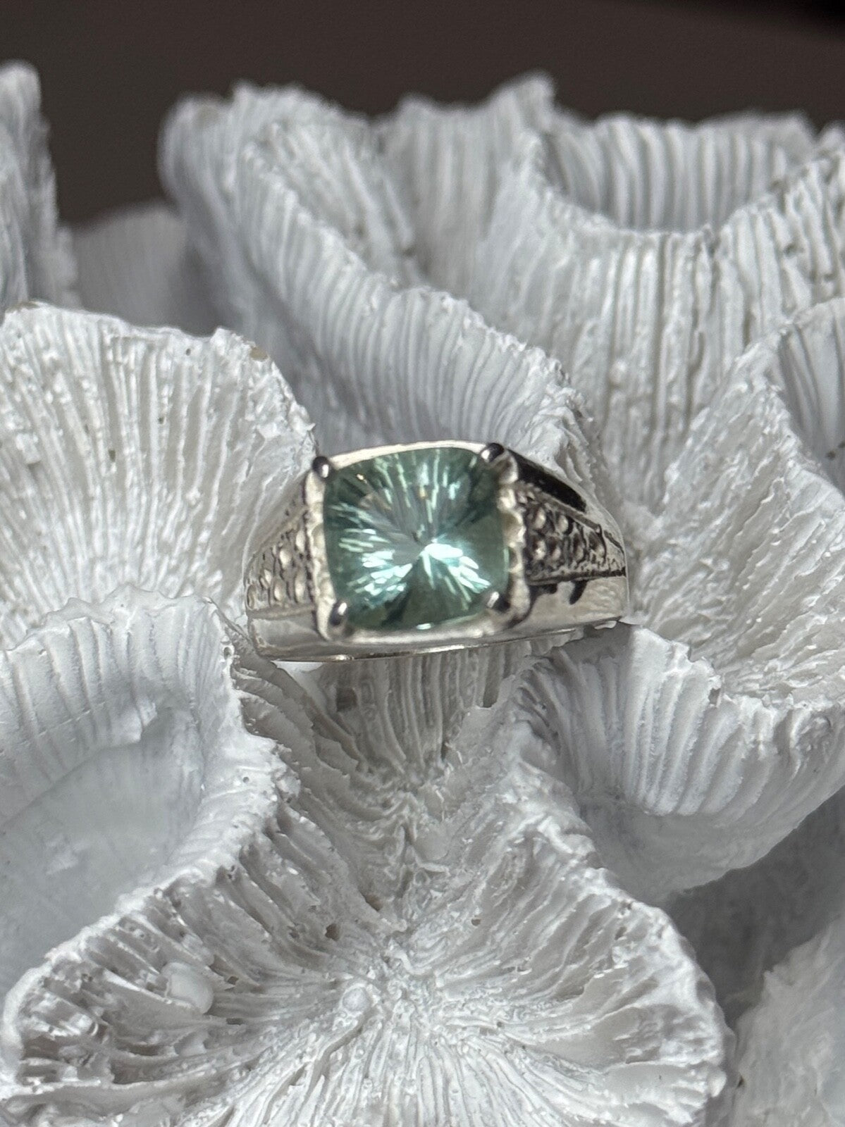 925 Sterling Silver Prasiolite Men'S Ring Size 9