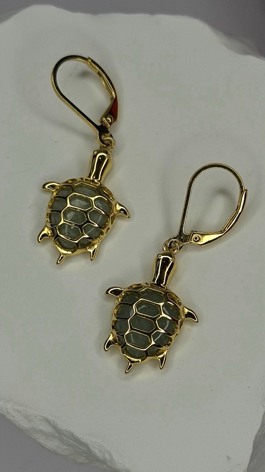 925 Sterling Silver Gold Plated Dynasty Jade Turtle Lever back Earrings