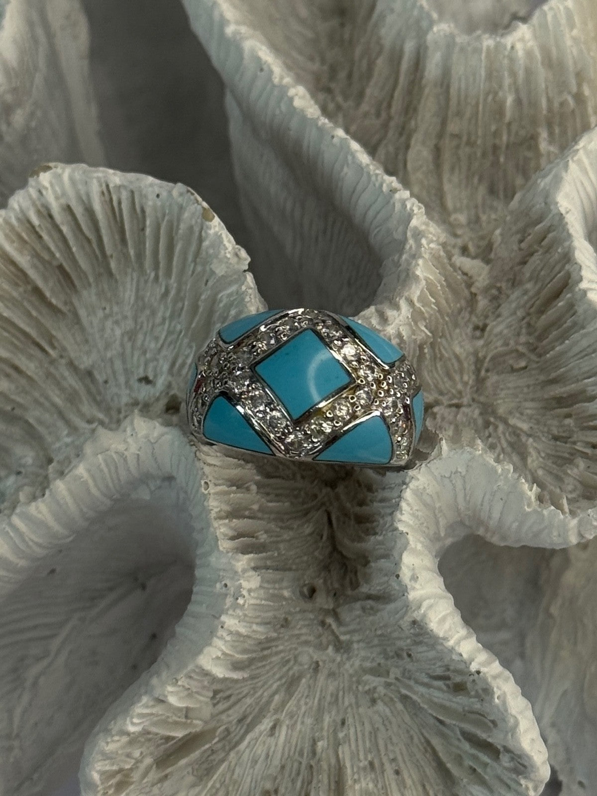 925 Sterling Silver Turquoise & CZ Ring Size 6