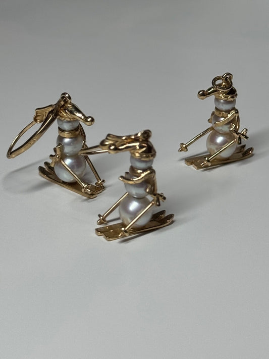 14K Yellow Gold Pearls Earrings & Pendant Skiing Snowmens ON Skis