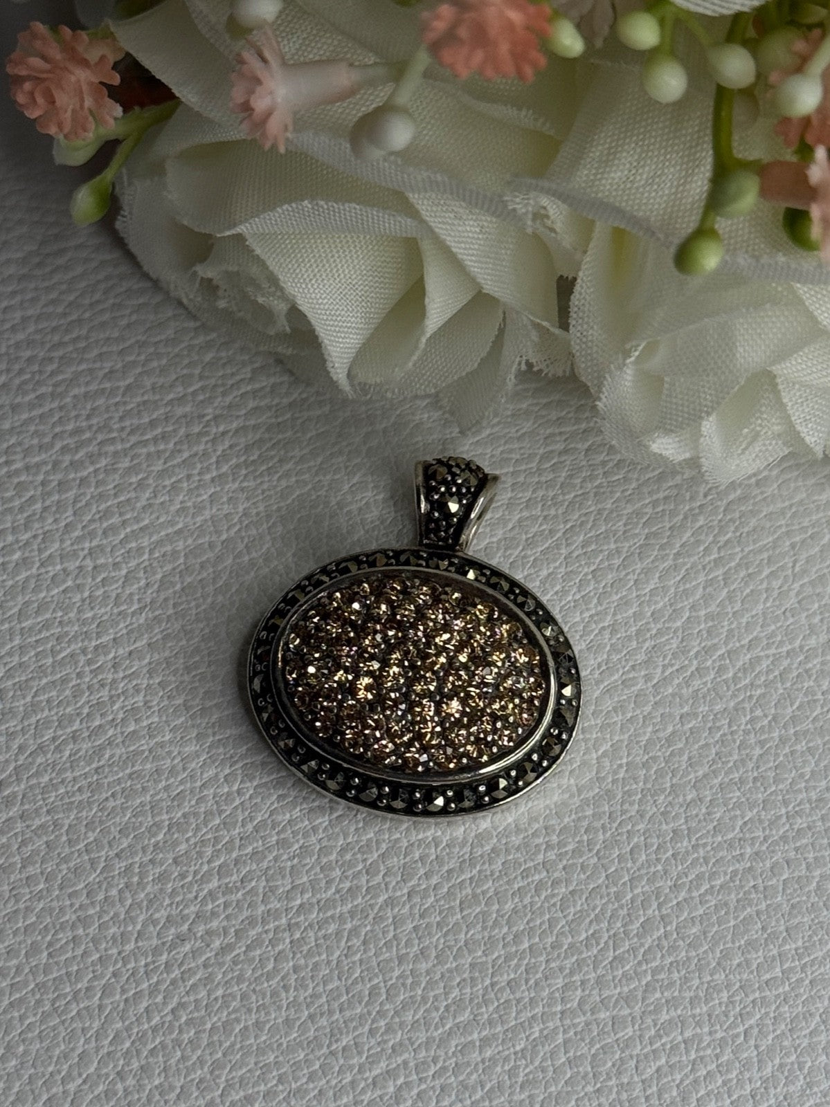 Elegant 925 Sterling Silver Citrine & Marcasite Pendant Length 1.10 Inch