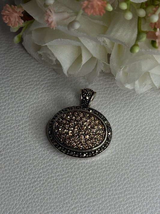 Elegant 925 Sterling Silver Citrine & Marcasite Pendant Length 1.10 Inch