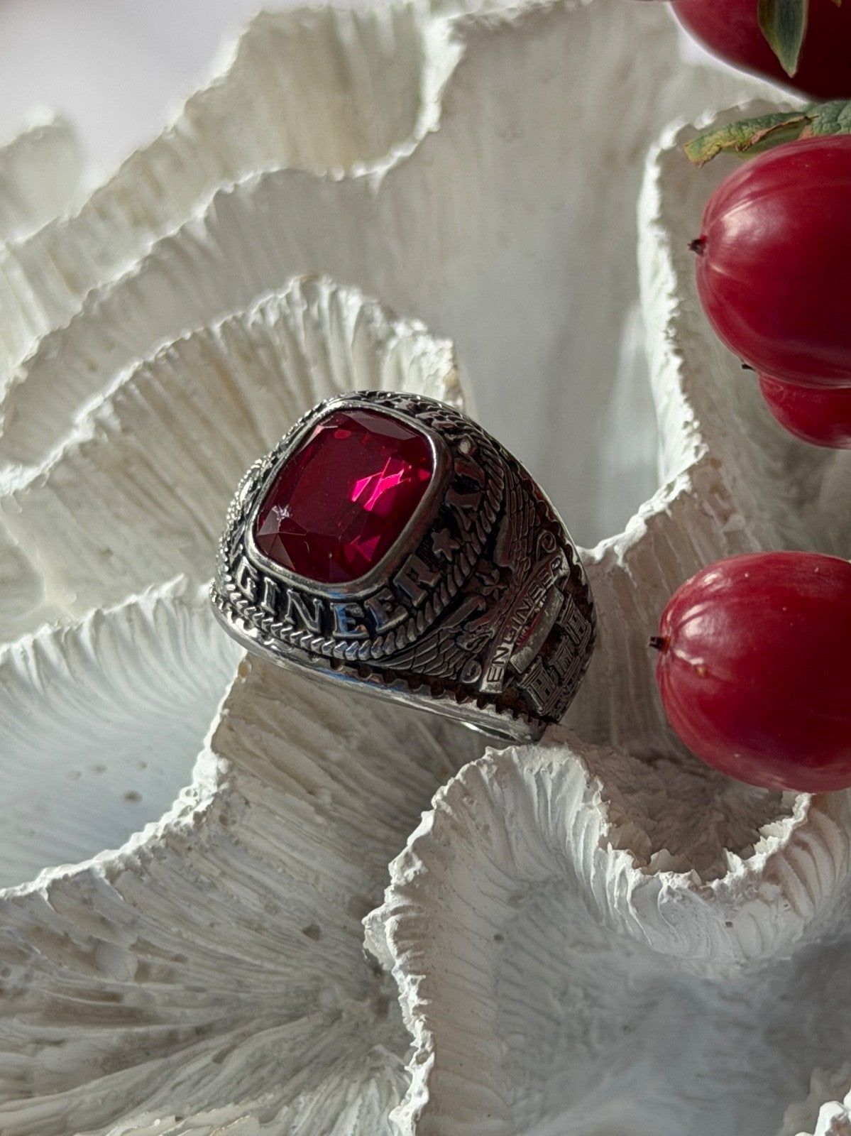 Jostens Yltm U.S Army Engineer 925 Sterling Silver Ruby Ring Size 8.5