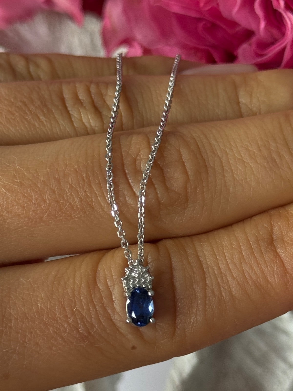 14K White Gold Chain & 10K White Gold Pendant Sapphire & Diamond