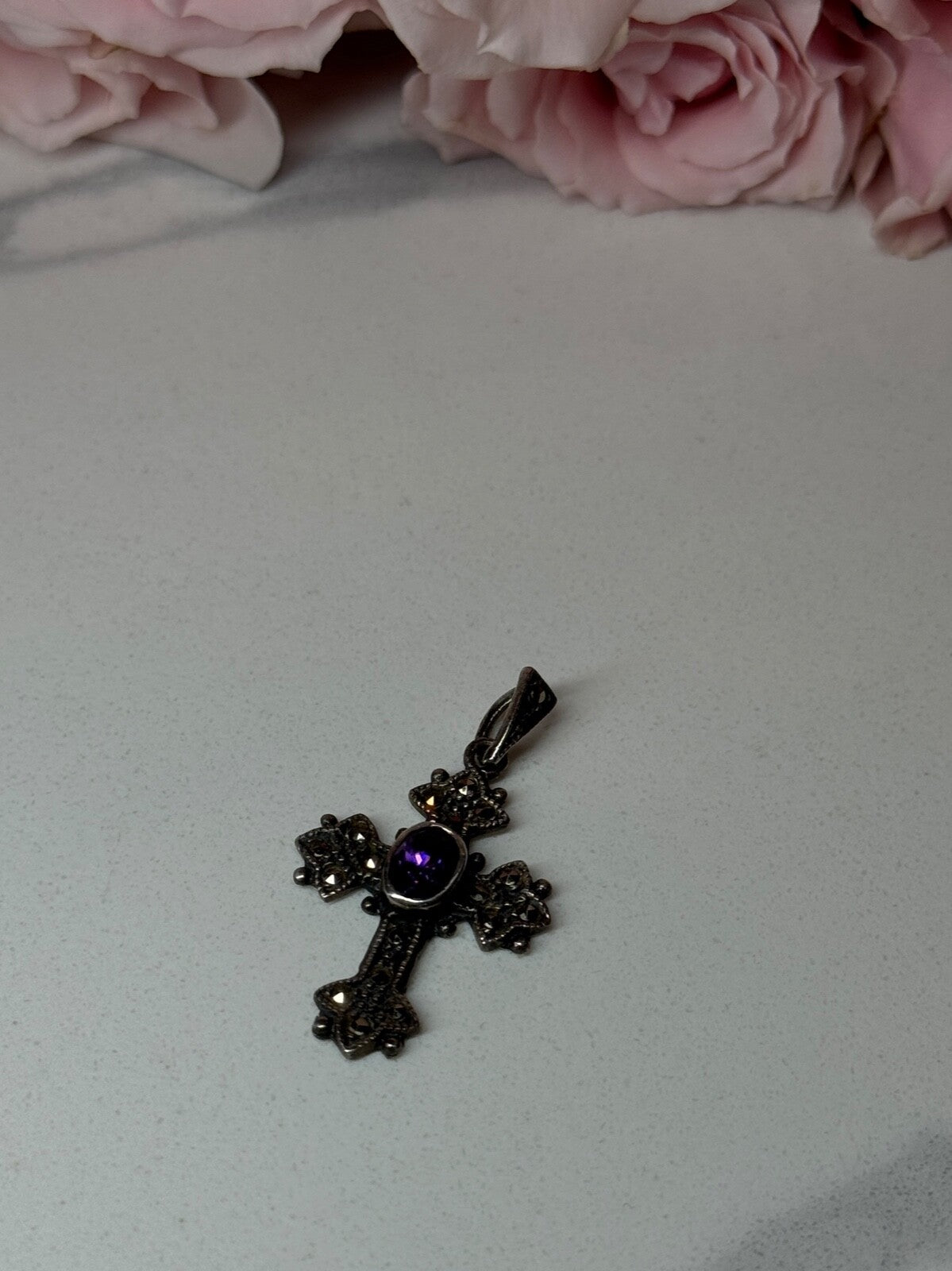 925 Sterling Silver Amethyst & Marcasite Cross Length 1.3 In
