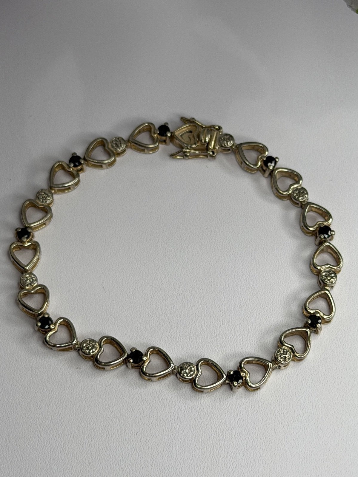 925 Sterling Silver Sapphire Heart Bracelet Size 7.5