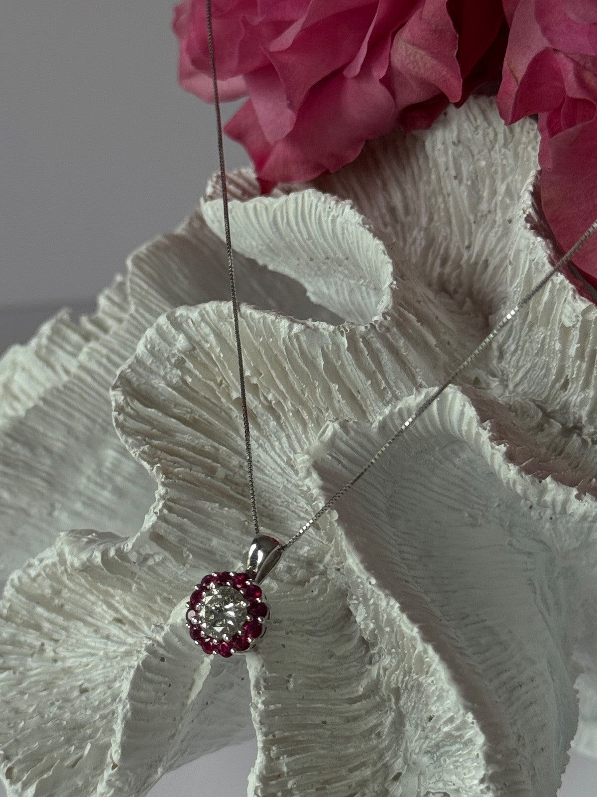 14K White Gold Diamond & Ruby Flower Necklace Length 18 inch