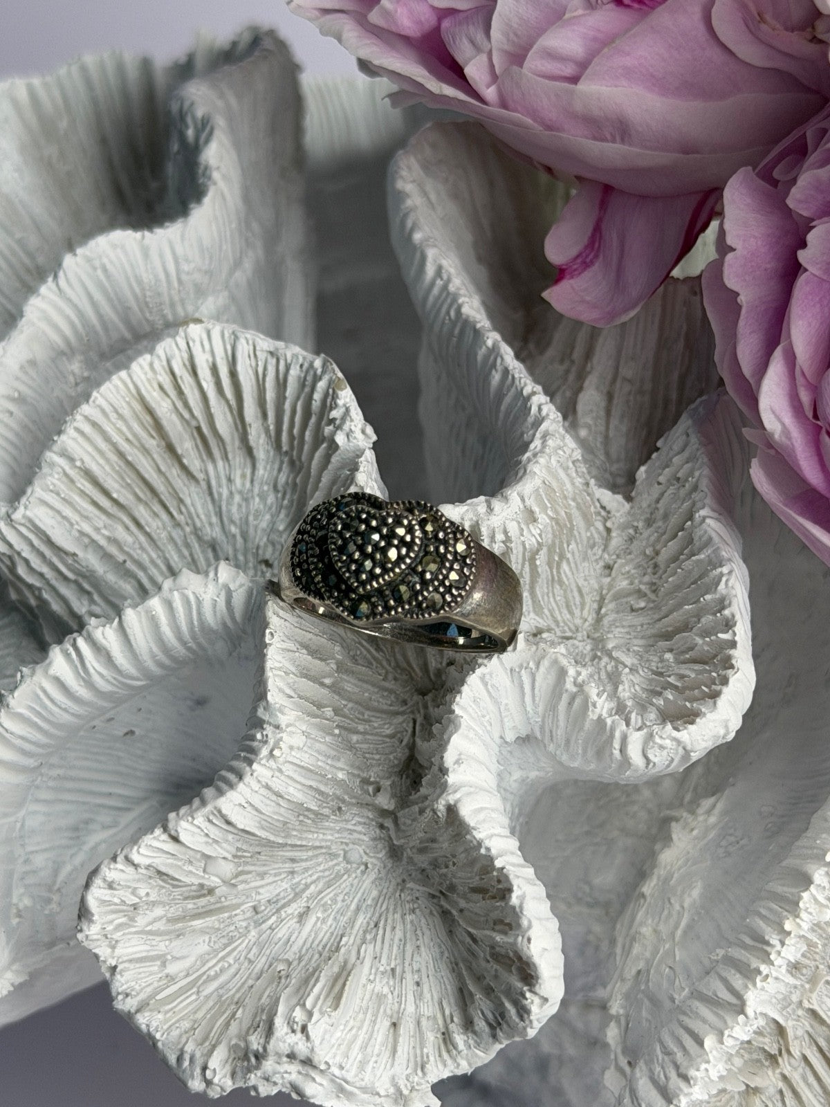 Vintage 925 Sterling Silver Marcasite Heart Ring Size 8