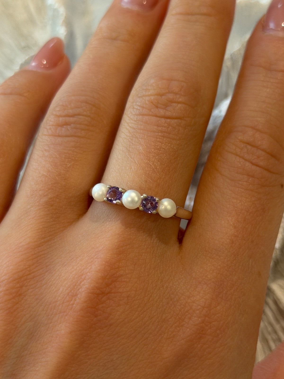 925 Sterling Silver Amethyst & Pearl Ring Size 11
