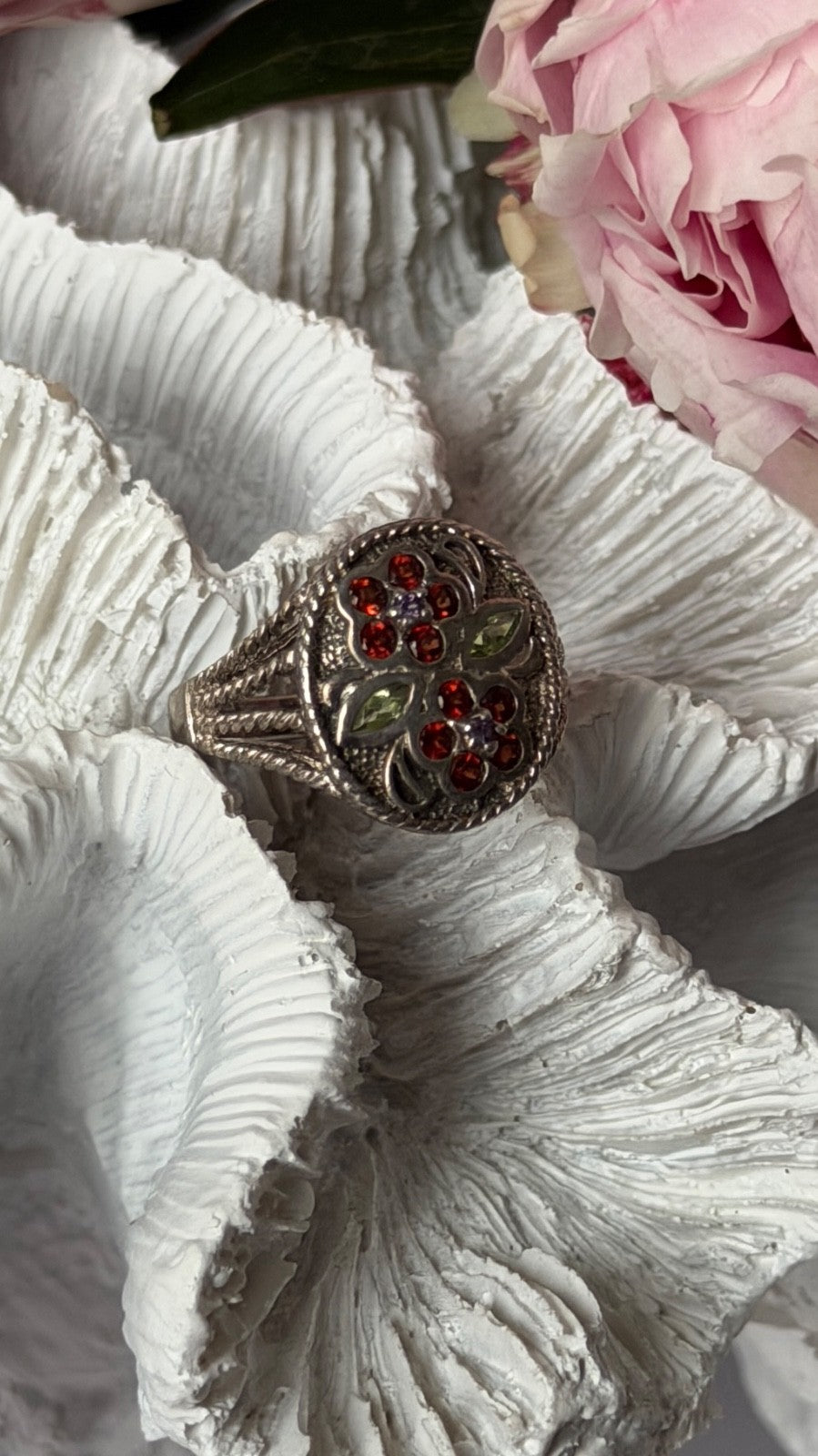 925 Sterling Silver Garnet Amethyst Peridot Ring Size 7