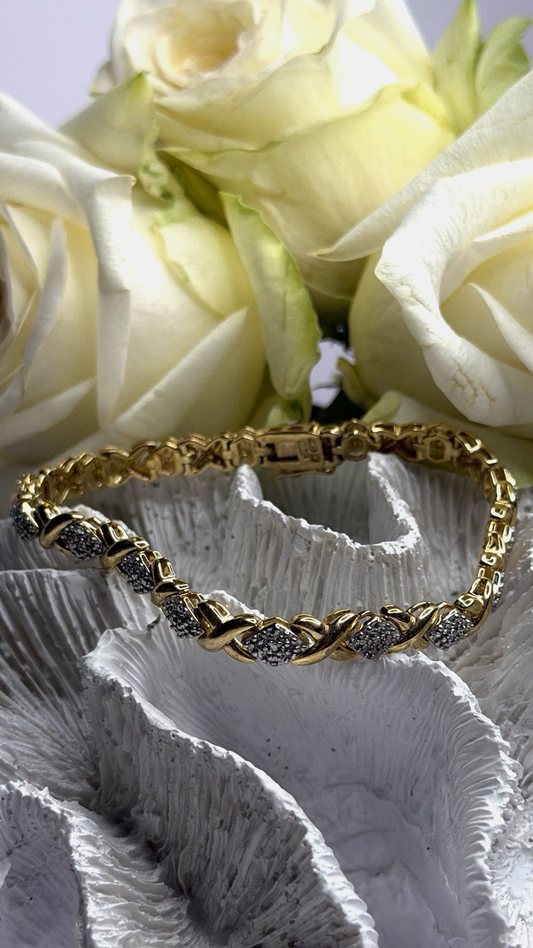 Elegant Tennis 925 Sterling Silver Gold Plated Bracelet Size 8