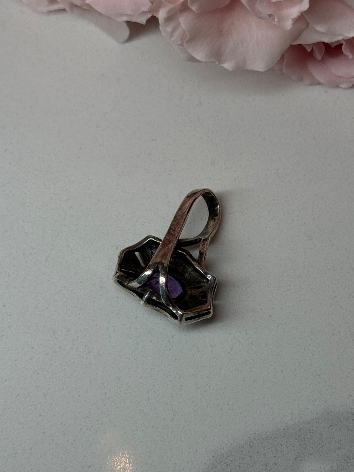 925 Sterling Silver Amethyst & Marcasite Pendant Length 1 In