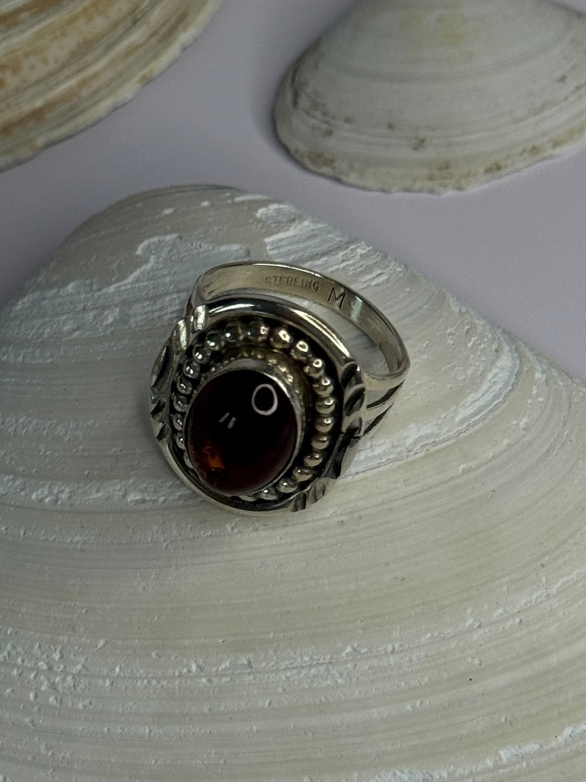 Vintage Design 925 Sterling Silver Amber Ring Size 9