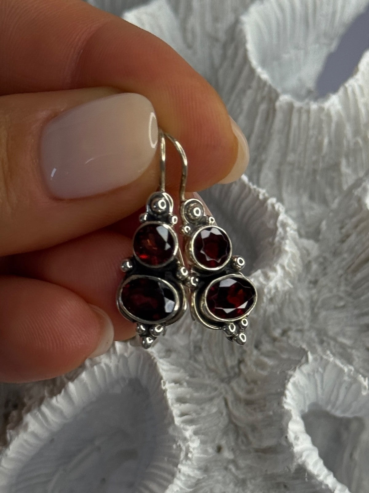 925 Sterling Silver Garnet Earrings Length 1.15 Inch