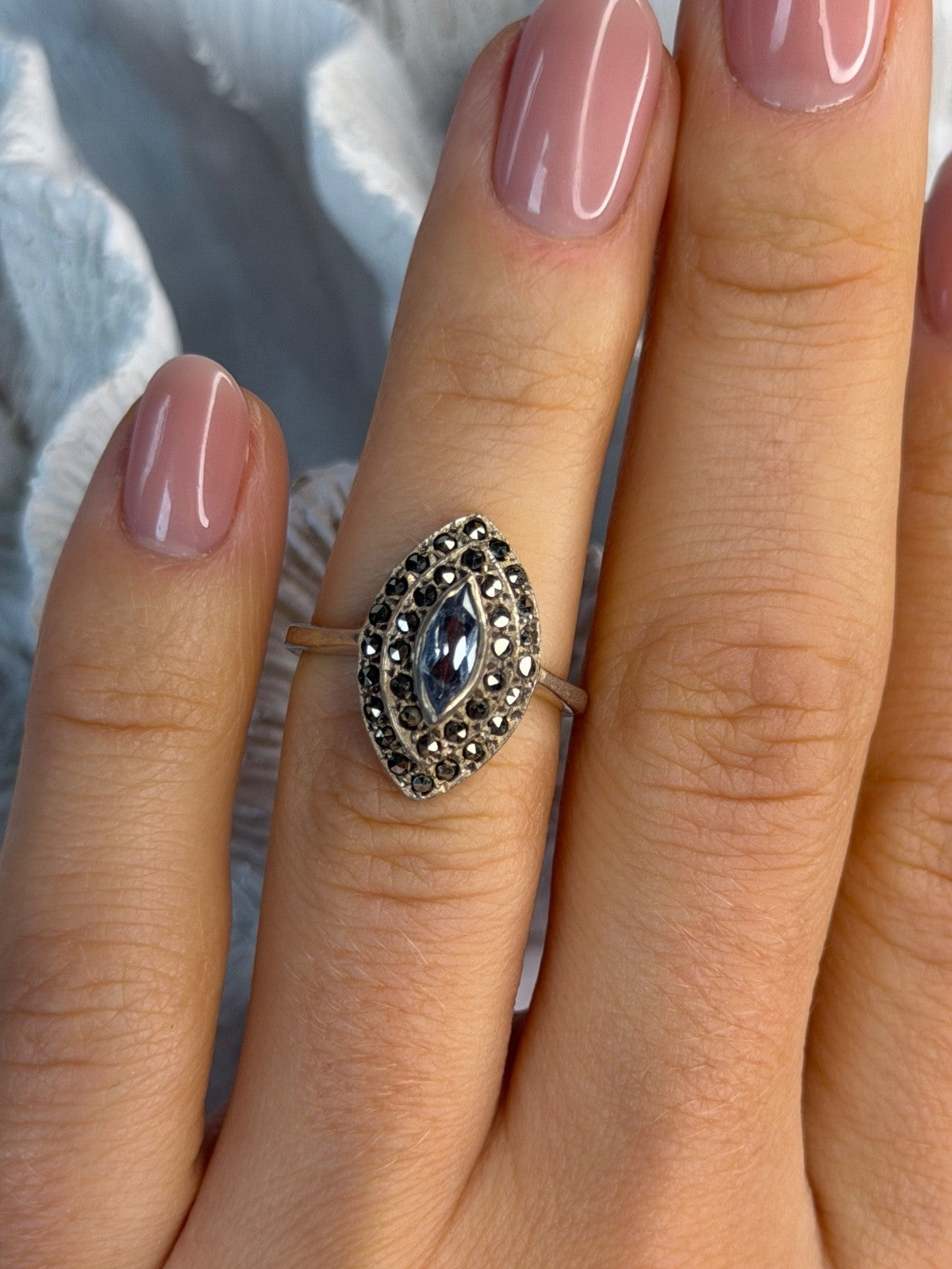925 Sterling Silver Topaz & Marcasites Ring Size 5.5