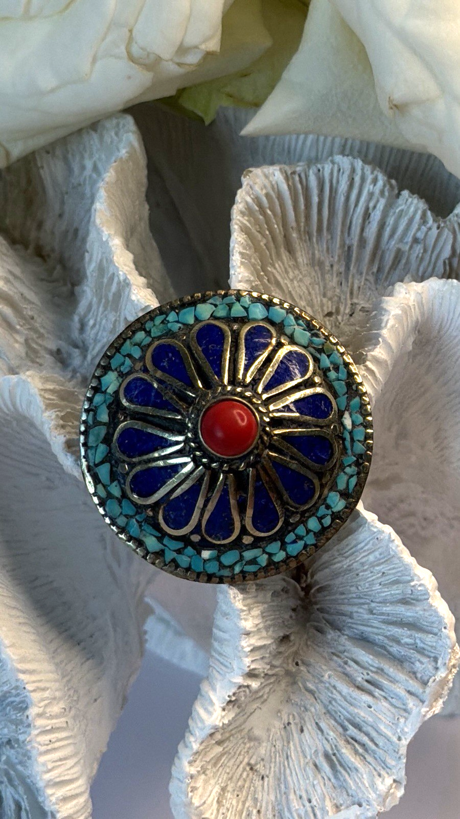 Large Southwestern 925 Sterling Silver Turquoise Coral Lapis Ring Size 7.5