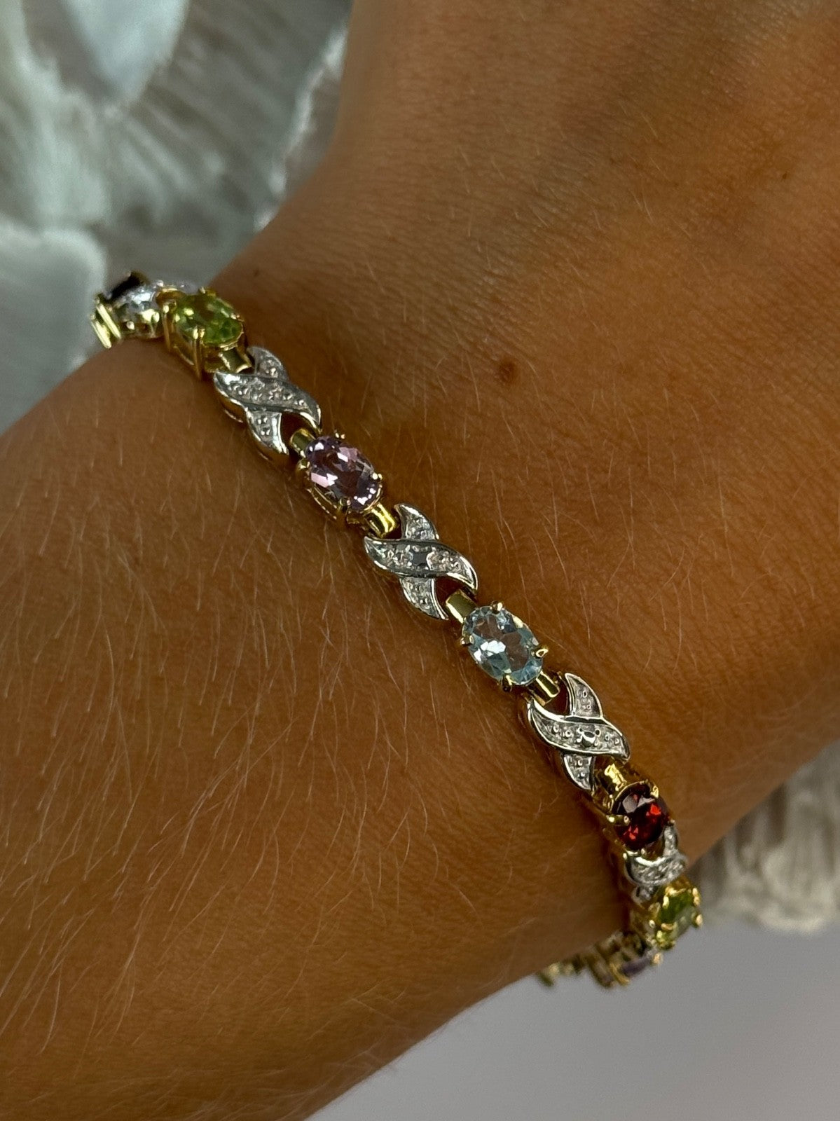 925 Sterling Silver Gold Plated Multi Color Gemstones Bracelet Length 7.5