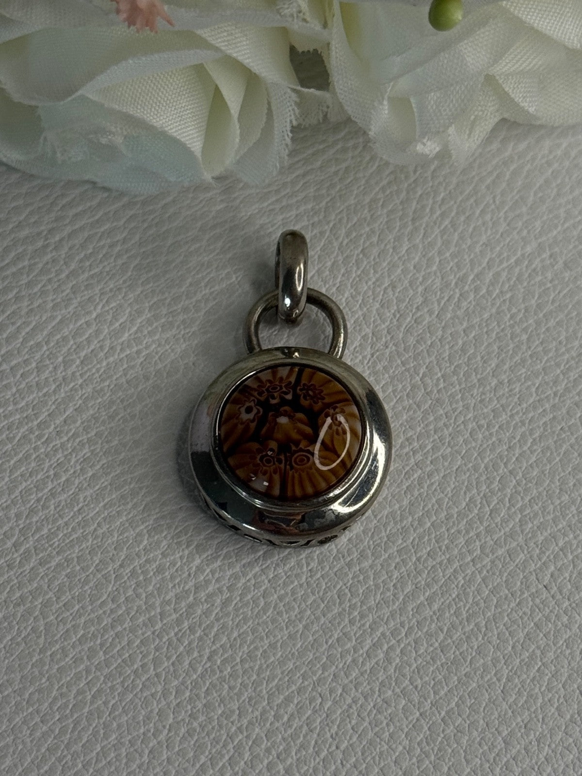 925 Sterling Silver Amber Carved Flower Pendant Length 1.25 Inch