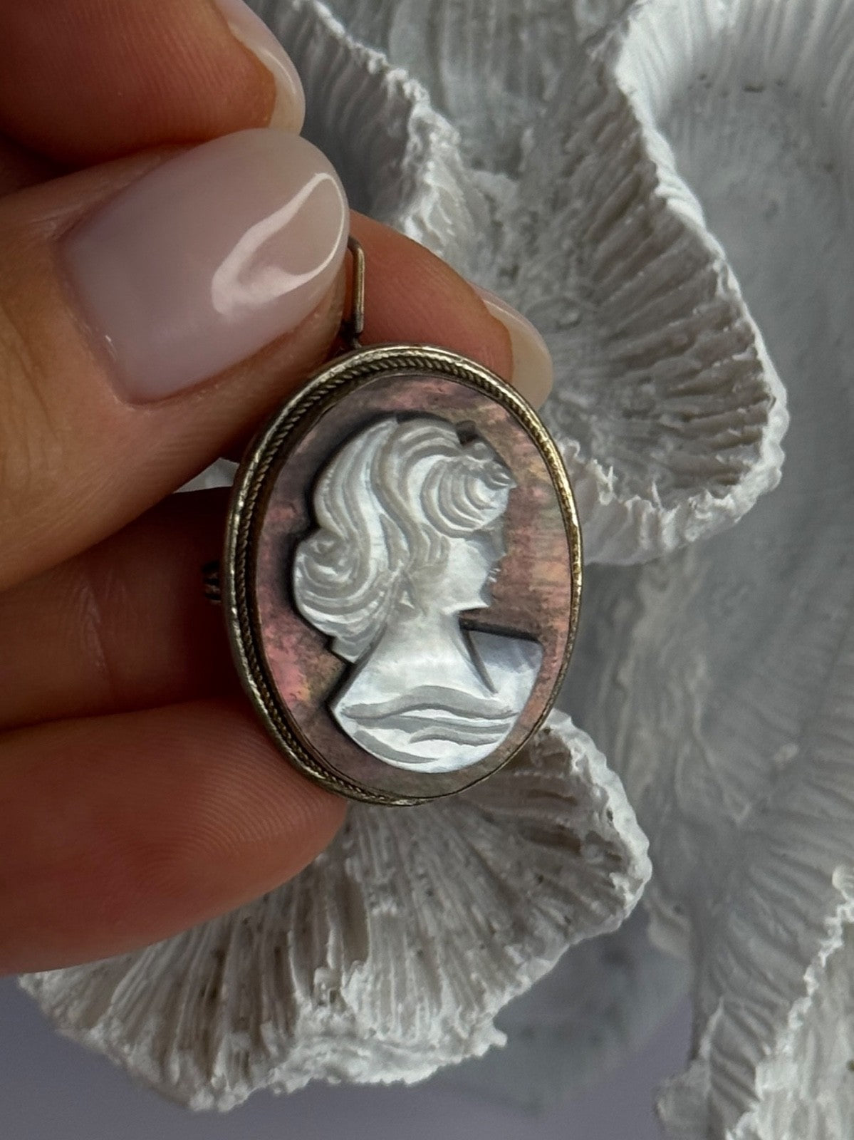 Vintage 925 Sterling Silver Abalone Cameo Brooch Pendant