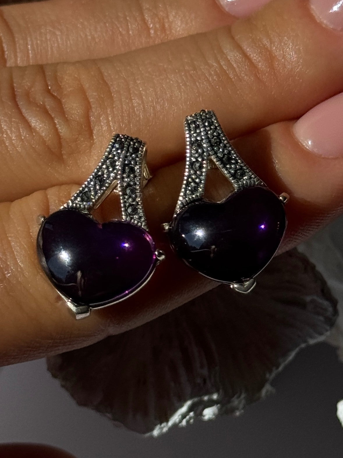 925 Sterling Silver Amethyst Heart & Marcasite Earrings Length 0.90 Inch