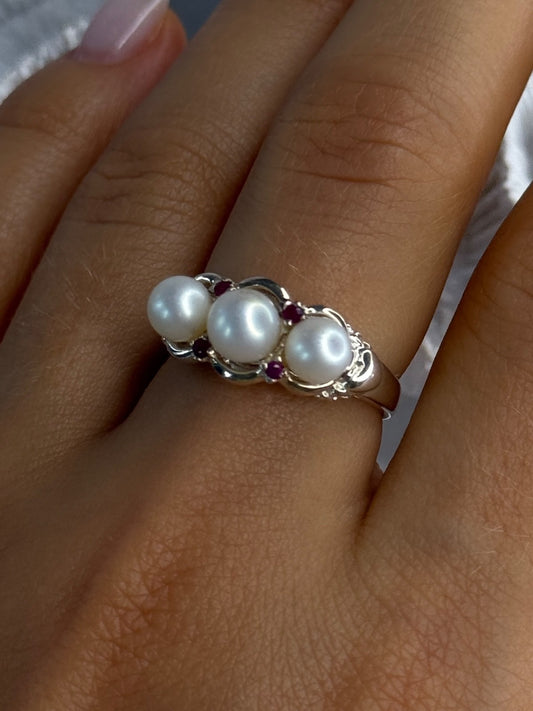 925 Sterling Silver Pearl & Ruby Ring Size 8