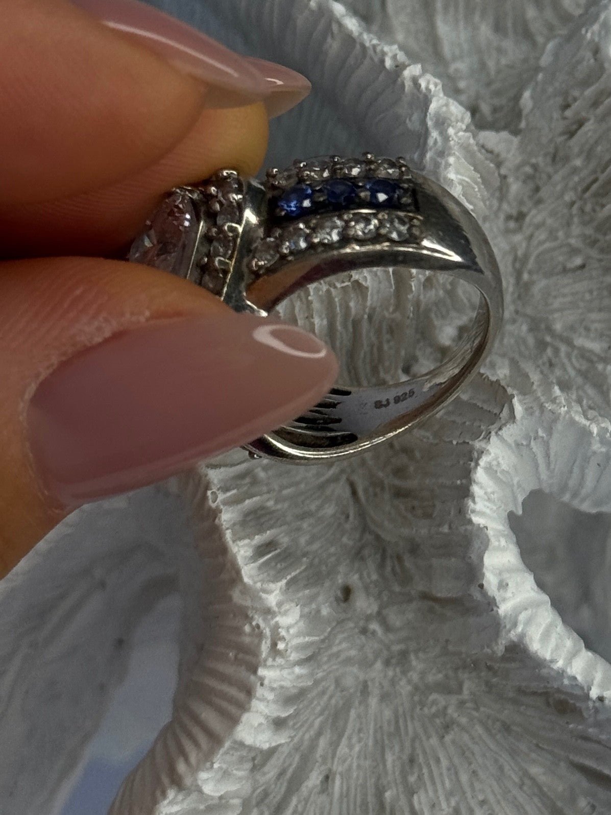 925 Sterling Silver Beryl & Sapphire Heart Ring Size 6