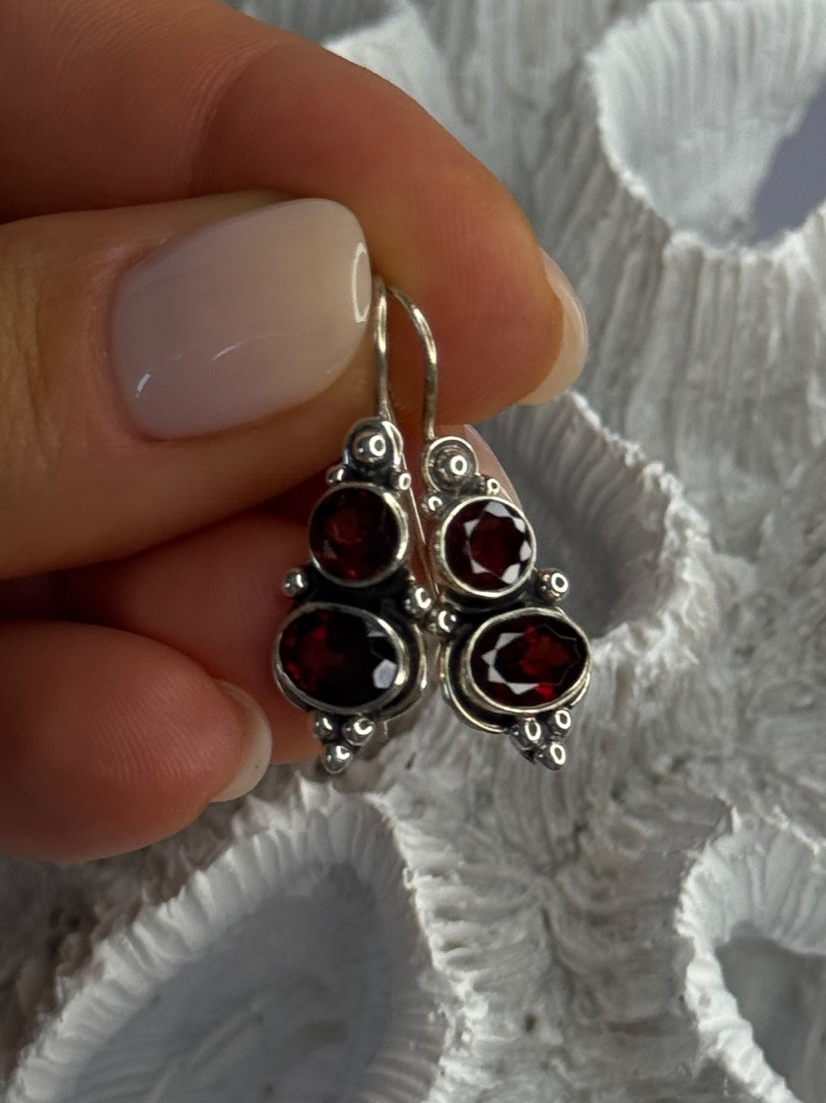 925 Sterling Silver Garnet Earrings Length 1.15 Inch