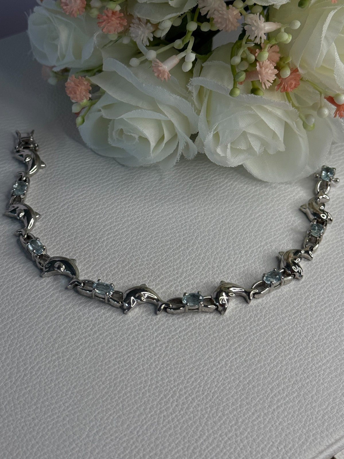 925 Sterling Silver Topaz Dolphin Bracelet Length 7.5