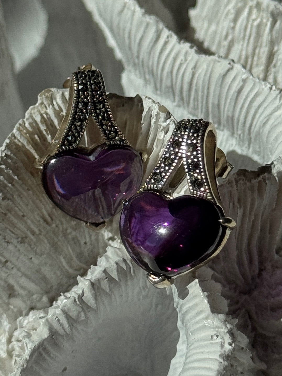 925 Sterling Silver Amethyst Heart & Marcasite Earrings Length 0.90 Inch