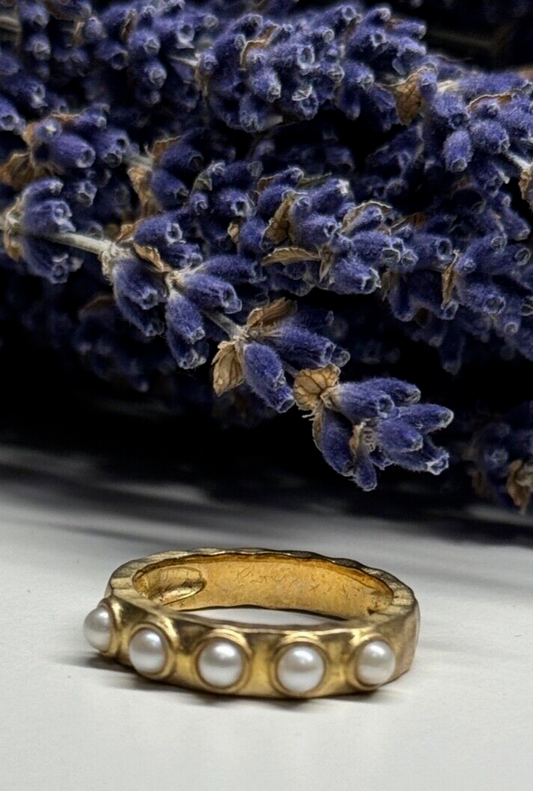 925 Sterling Silver Gold Plated Pearl Ring Size 6.5