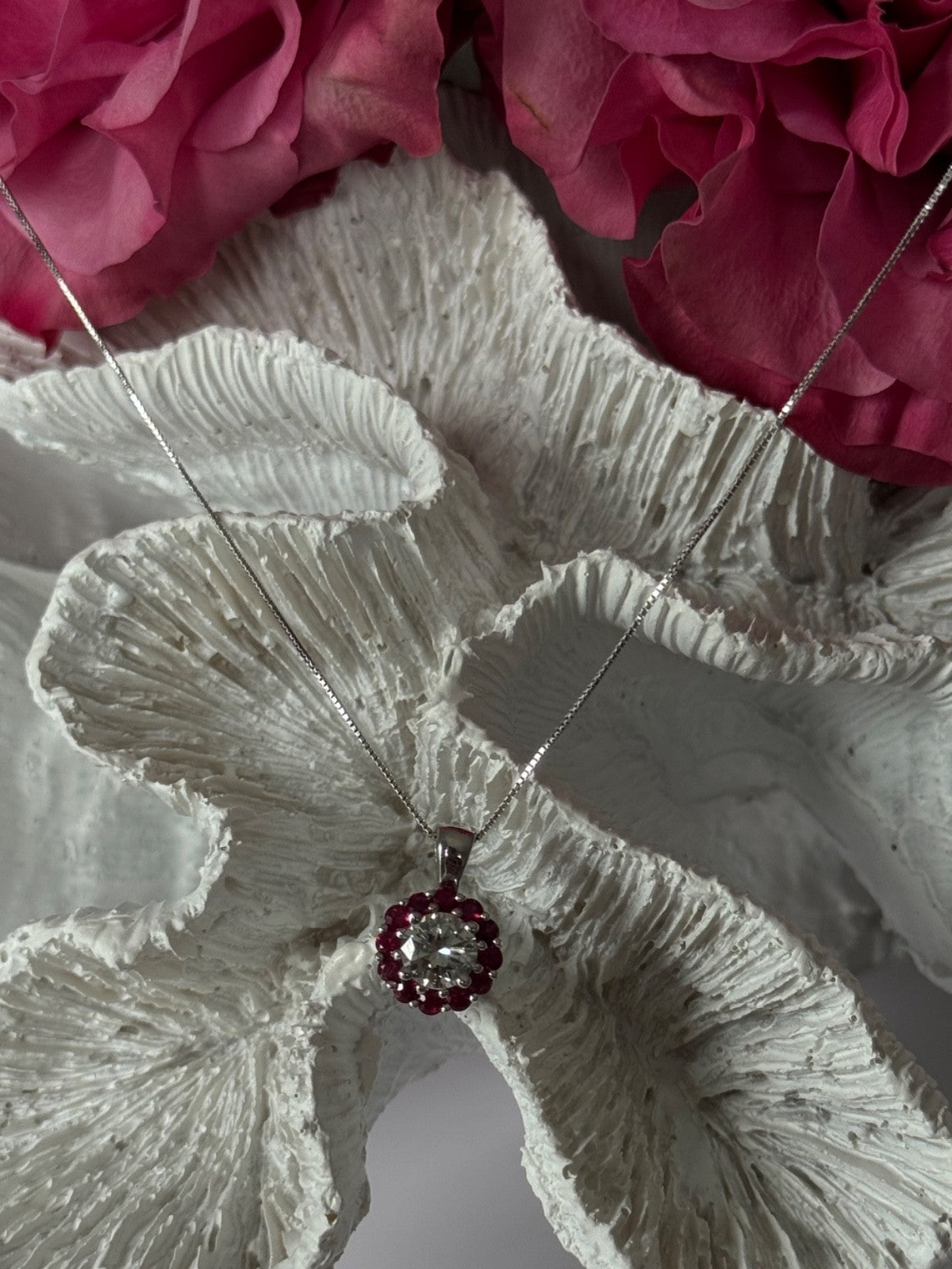 14K White Gold Diamond & Ruby Flower Necklace Length 18 inch