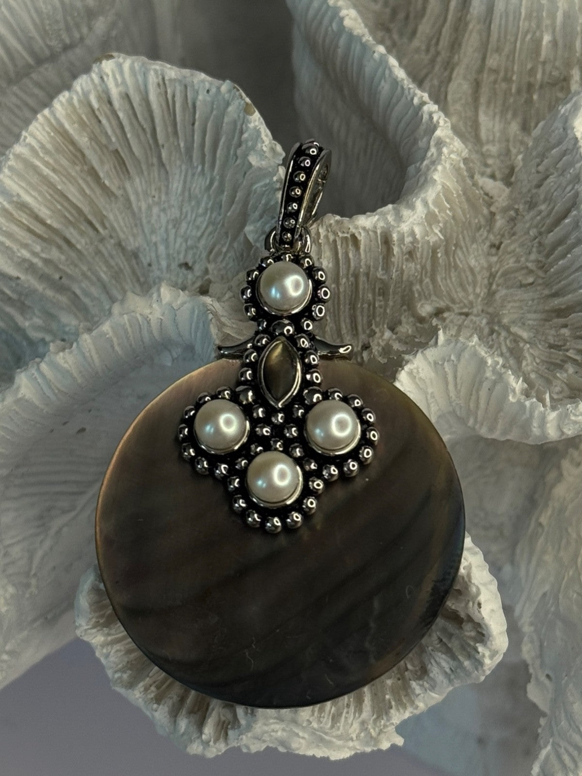 925 Sterling Silver Abalone & Pearl Pendant Length 2.30 Inch