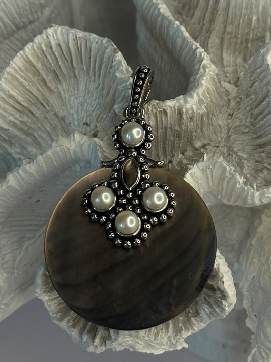 925 Sterling Silver Abalone & Pearl Pendant Length 2.30 Inch