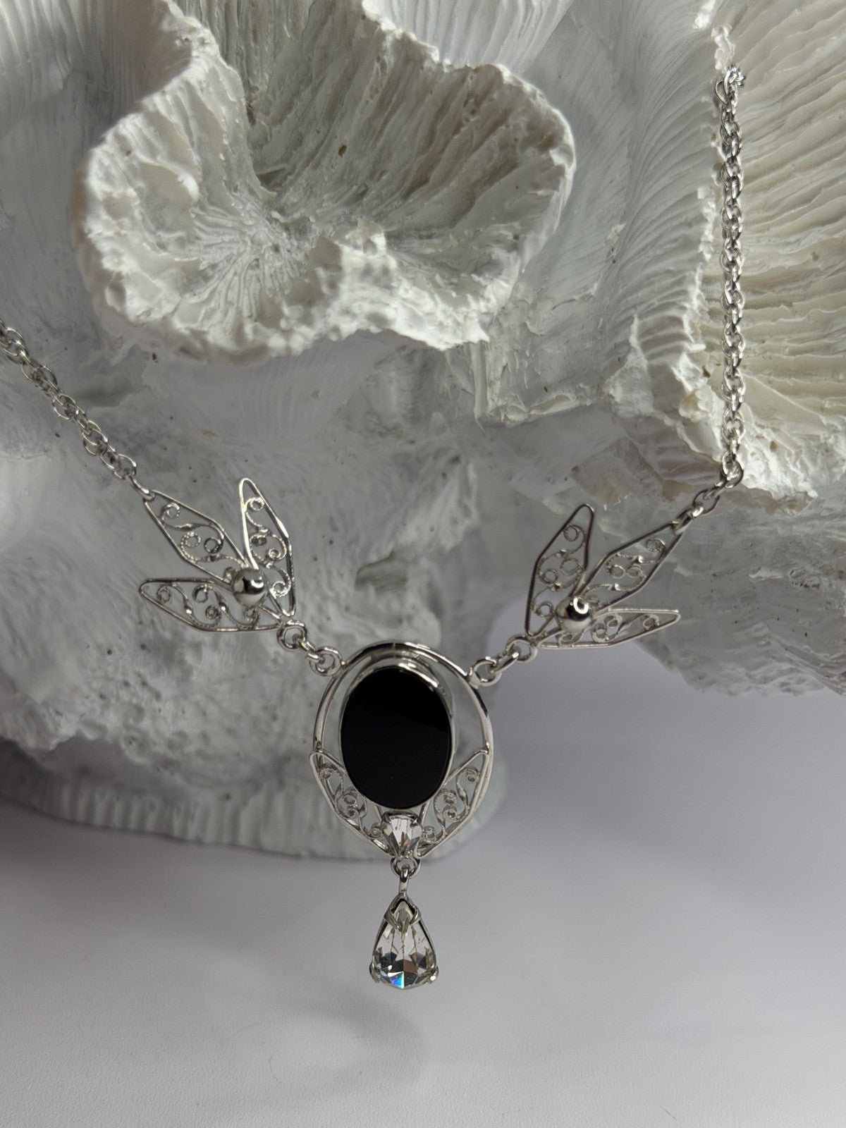 Elegant 925 Sterling Silver Onyx & White Sapphire Necklace