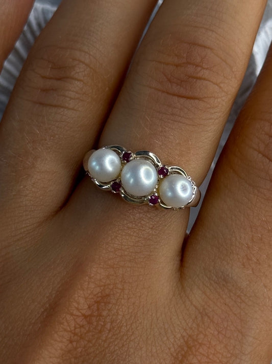 925 Sterling Silver Pearl & Ruby Ring Size 8