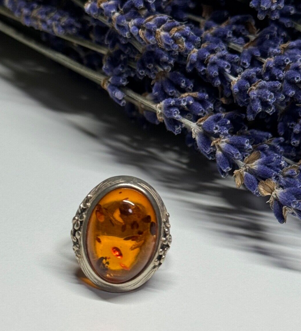 925 Sterling Silver Amber Ring Size 6