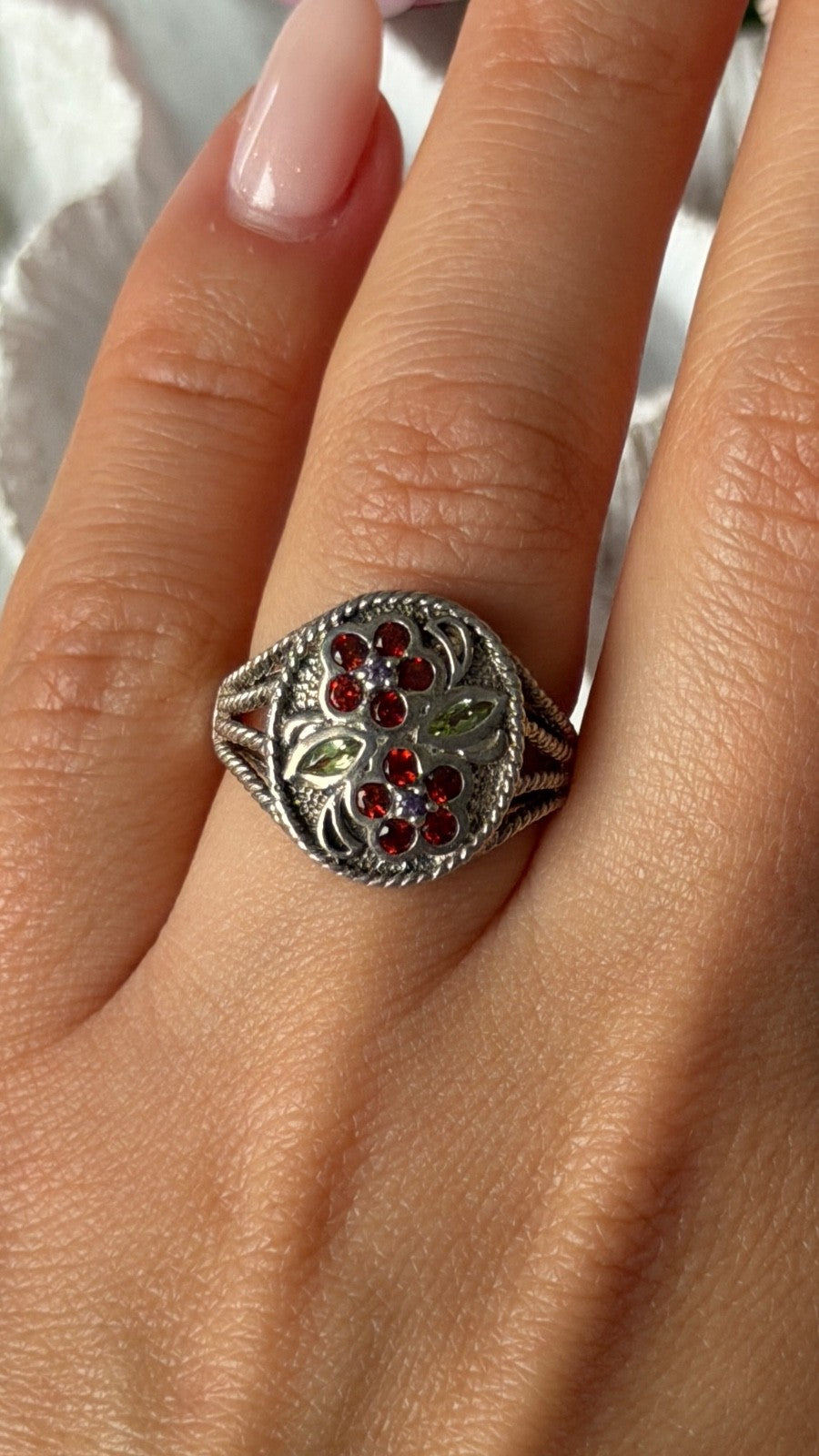 925 Sterling Silver Garnet Amethyst Peridot Ring Size 7