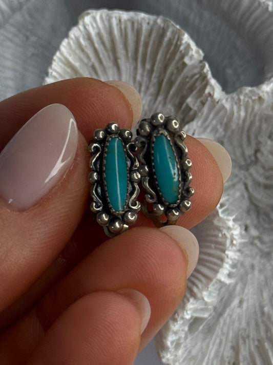 Vintage 925 Sterling Silver Turquoise Clip-On Earrings Length 0.60 Inch