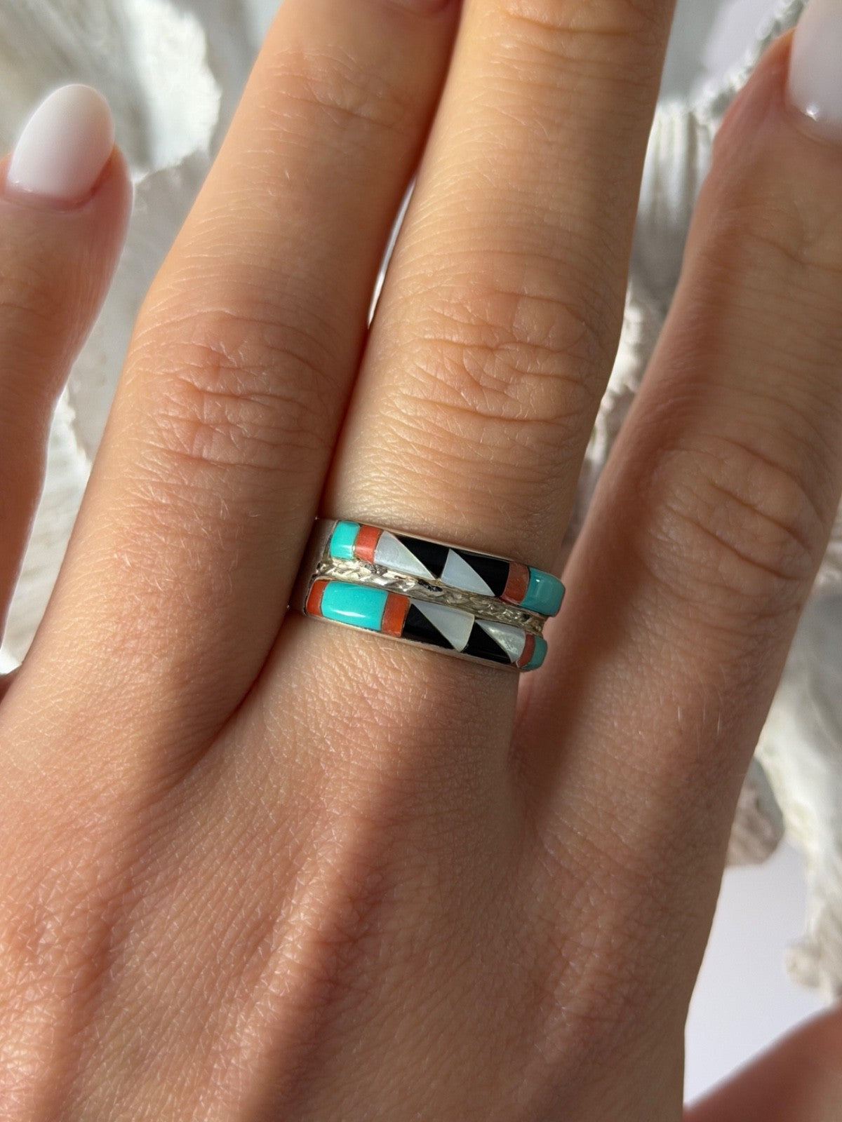 Zuni 925 Sterling Silver Multi-Stone Ring Size 8