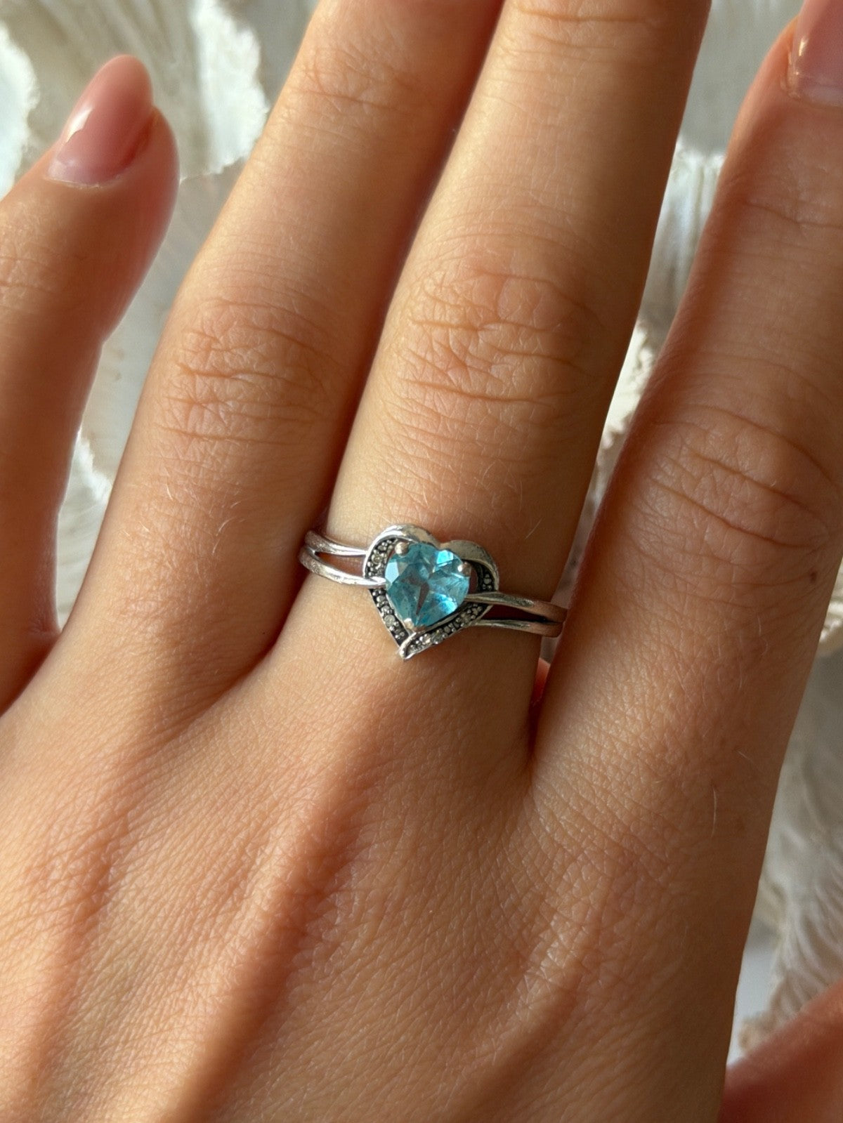 925 Sterling Silver Blue Topaz Heart & Diamond Ring Size 9