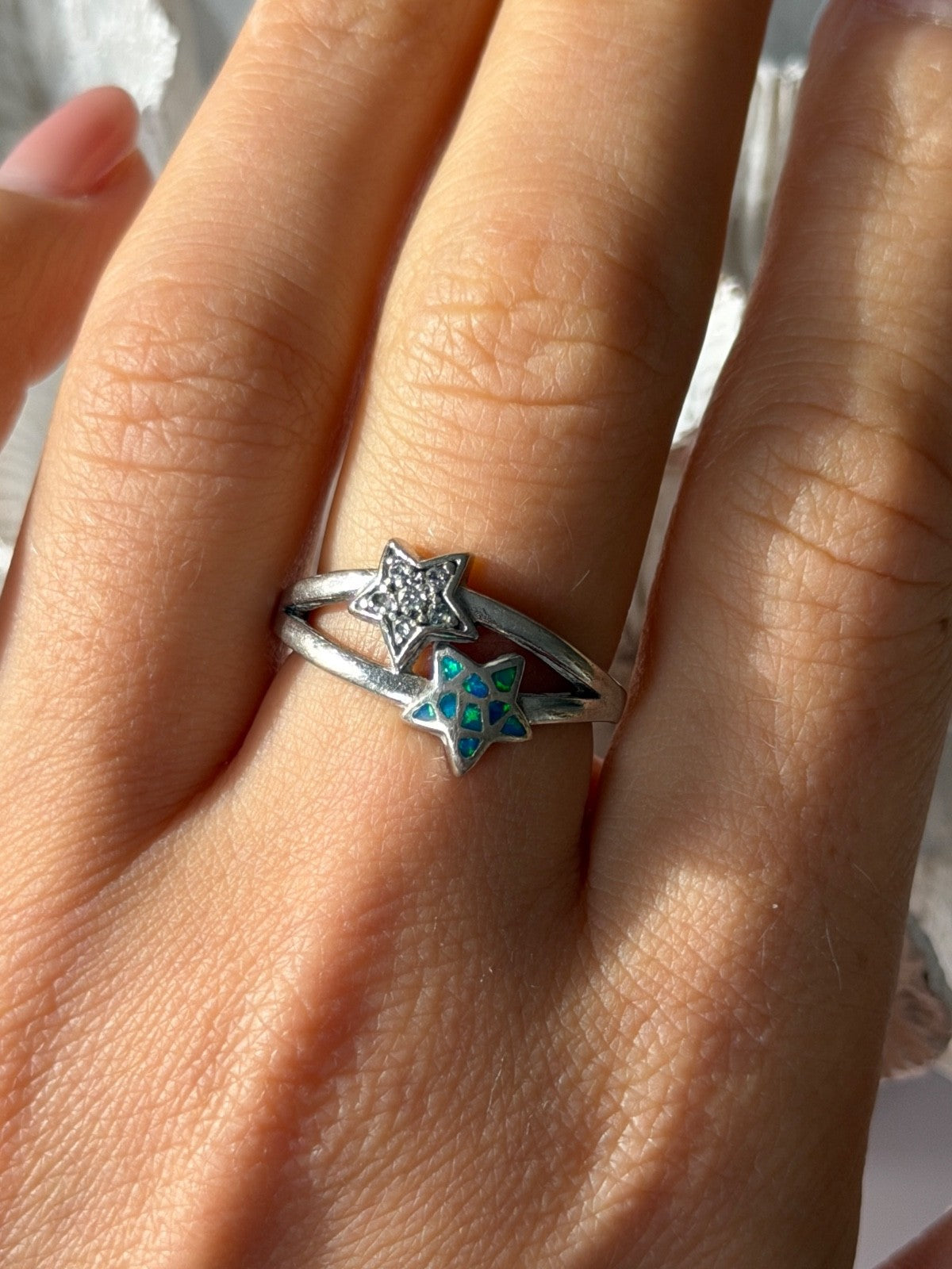 925 Sterling Silver White Topaz & Opal Stars Ring Size 8
