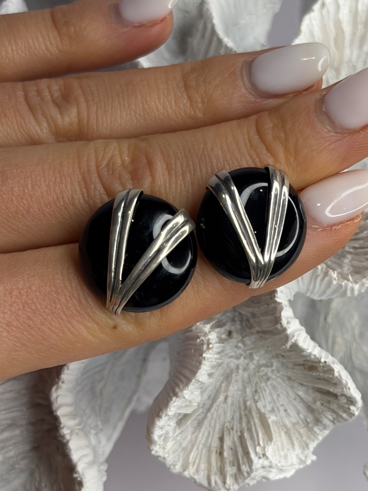 Vintage 925 Sterling Silver Black Onyx Earrings