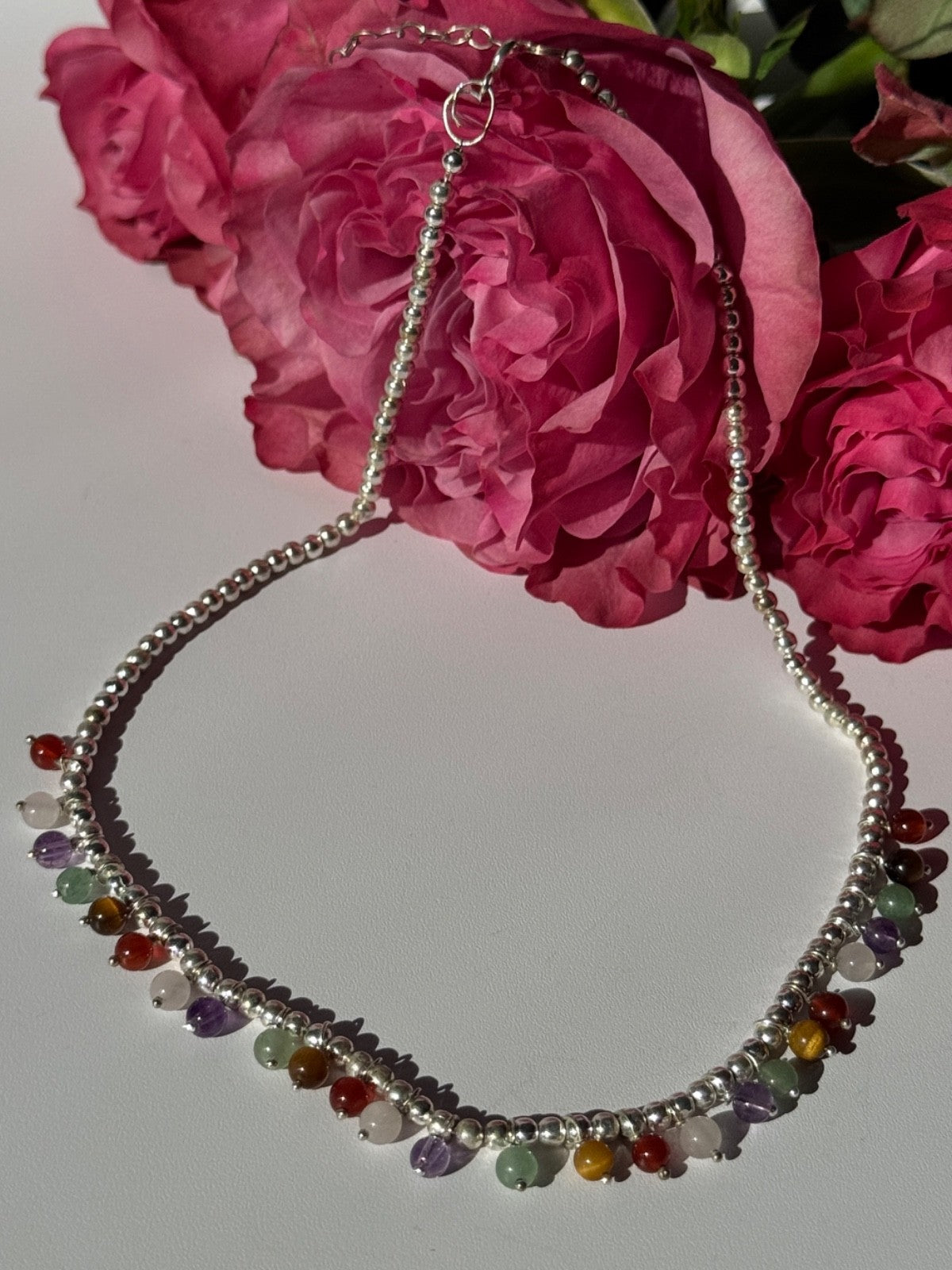 925 Sterling Silver Multi Color Agate Necklace Length 15/18 Inch