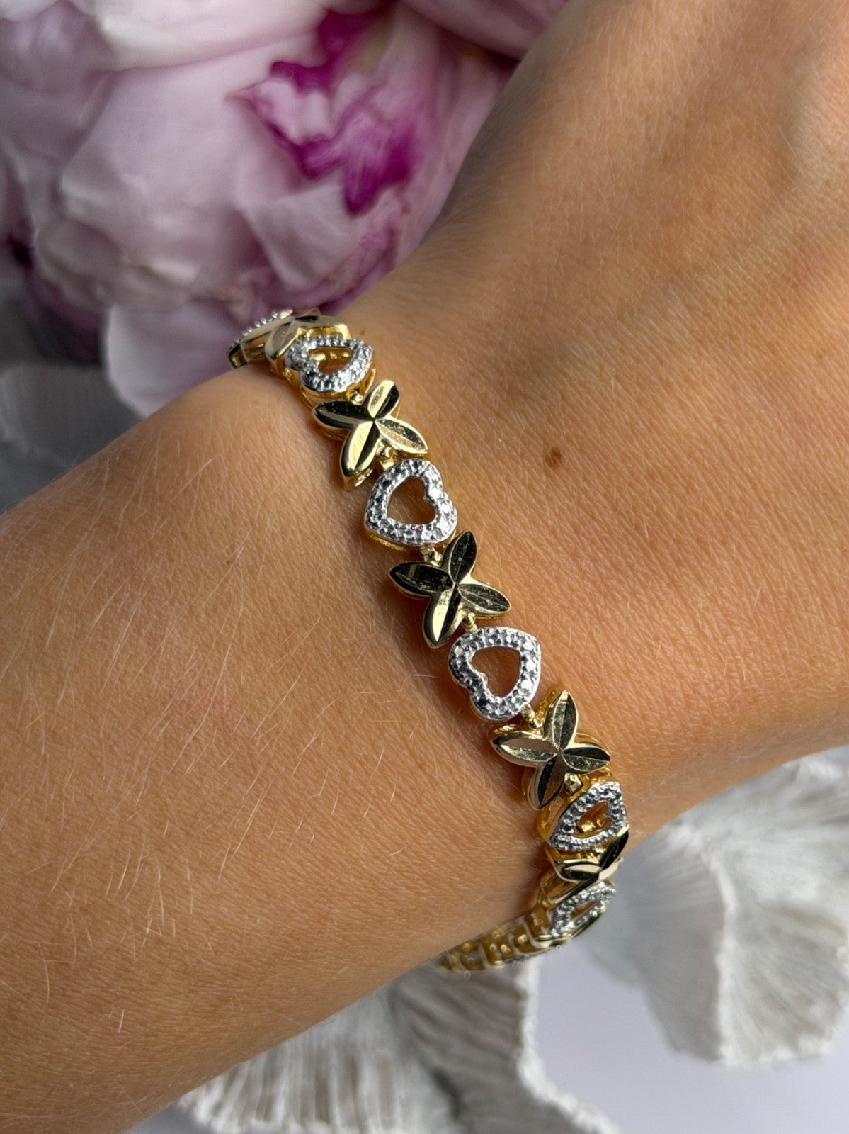 925 Sterling Silver Gold Plated Heart Bracelet Length 7.5
