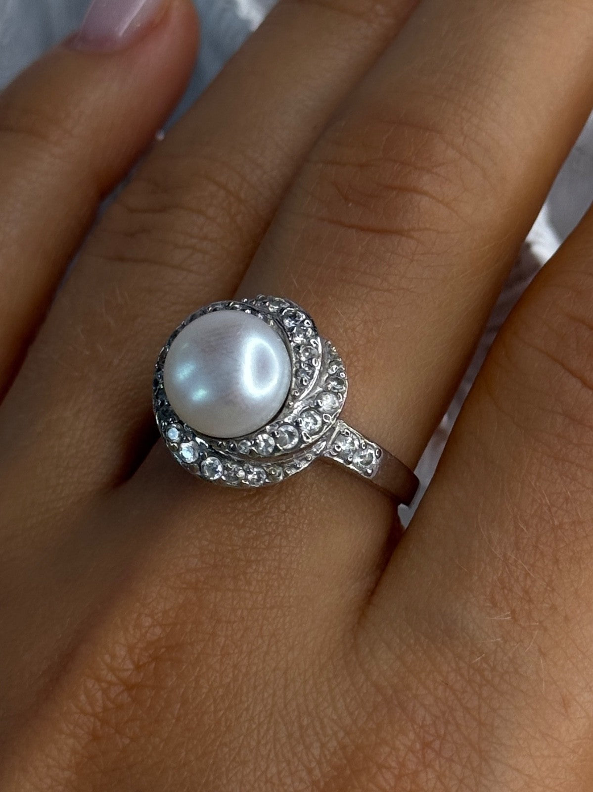 925 Sterling Silver Pearl & Beryl Ring Size 9