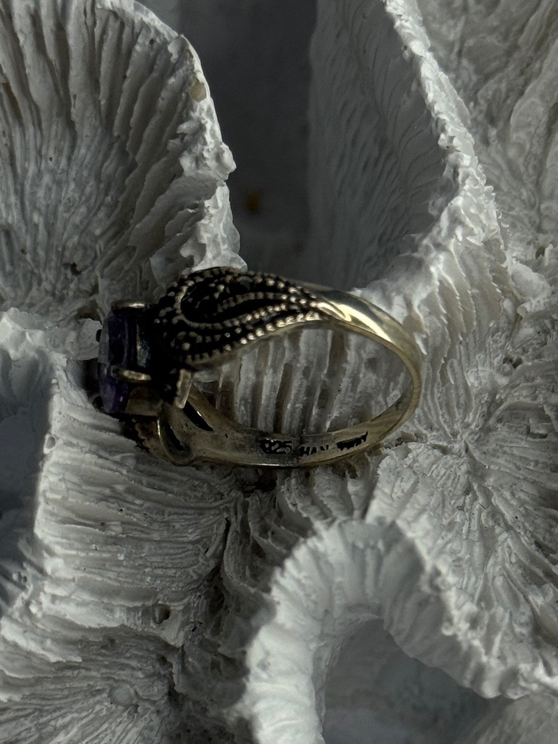925 Sterling Silver Amethyst & Marcasite Ring Size 7
